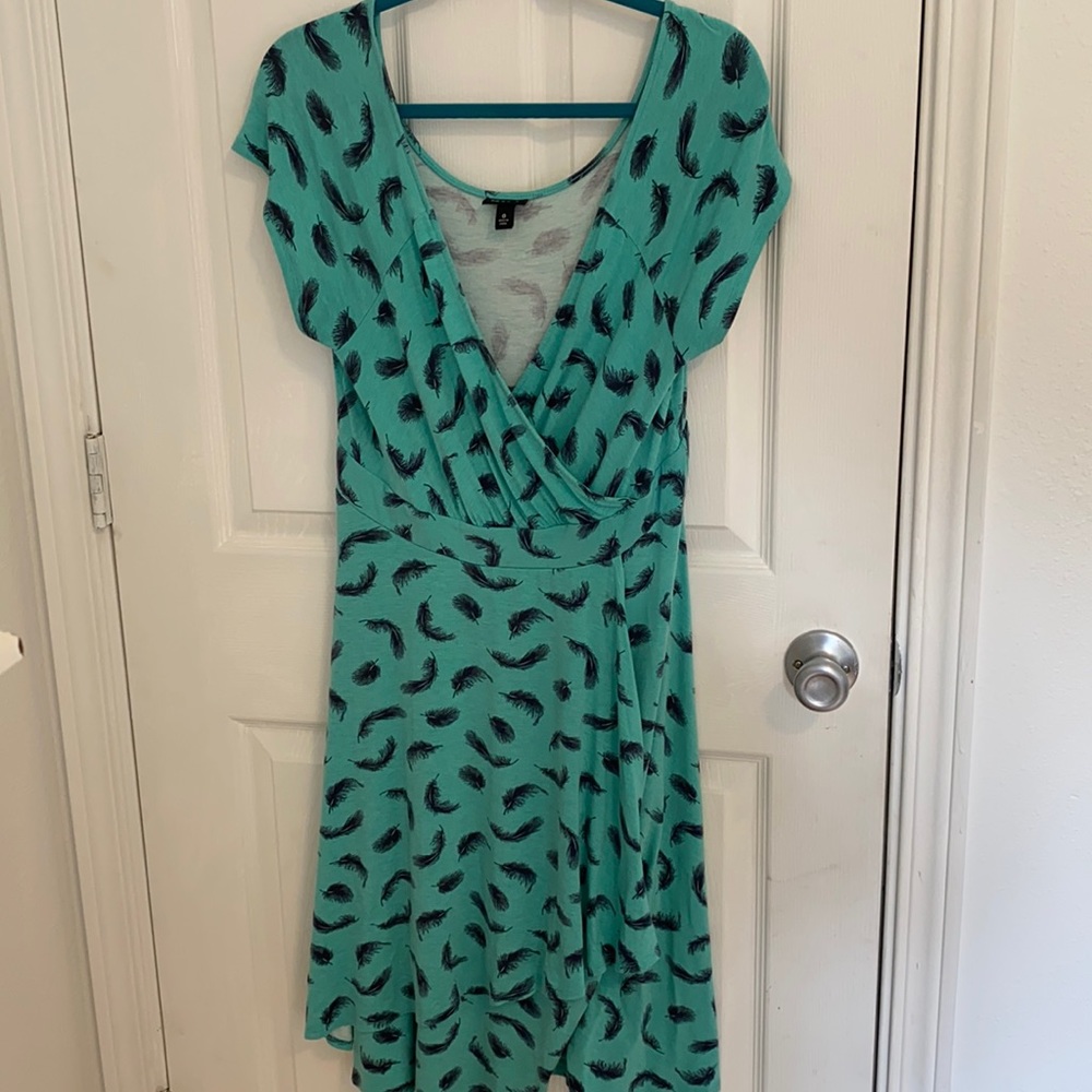 Torrid Faux Wrap Feather turquoise dress L